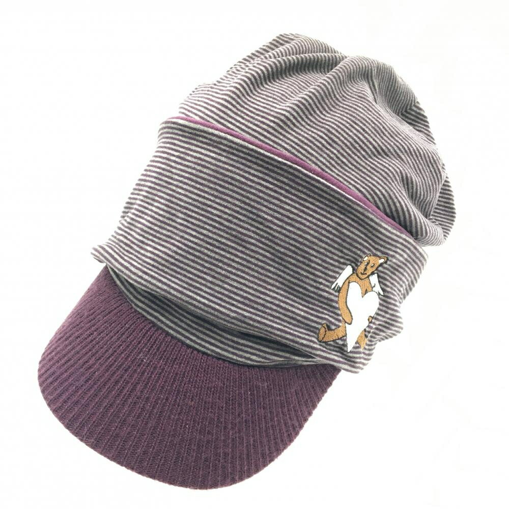 【美品】カステルバジャック リバーシブルつば付きニット帽 杢グレー×パープル系 ボーダー 裏ベロア調 42 ゴルフウェア CASTELBAJAC