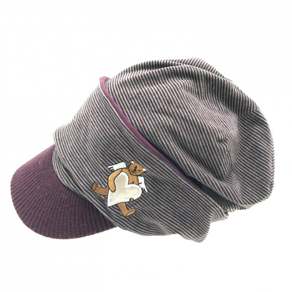 【美品】カステルバジャック リバーシブルつば付きニット帽 杢グレー×パープル系 ボーダー 裏ベロア調 42 ゴルフウェア CASTELBAJAC