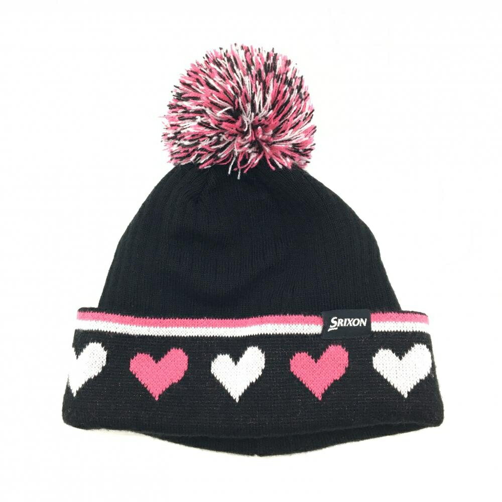 【超美品】スリクソン ニット帽 黒×ピンク ボンボン付き ハート レディース ゴルフウェア SRIXON