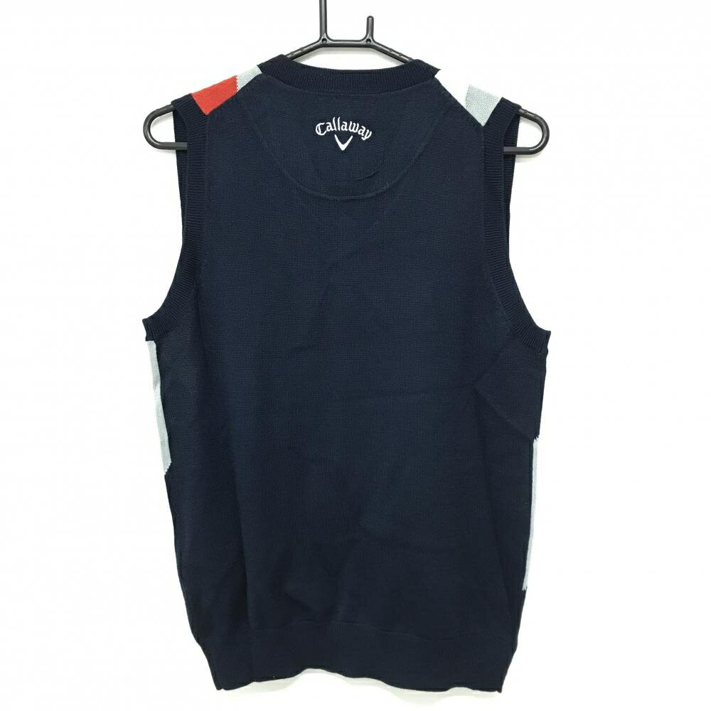 【超美品】キャロウェイ ニットベスト ネイビー×レッド×グレー 前面総柄 ウール混 Vネック メンズ M ゴルフウェア Callaway