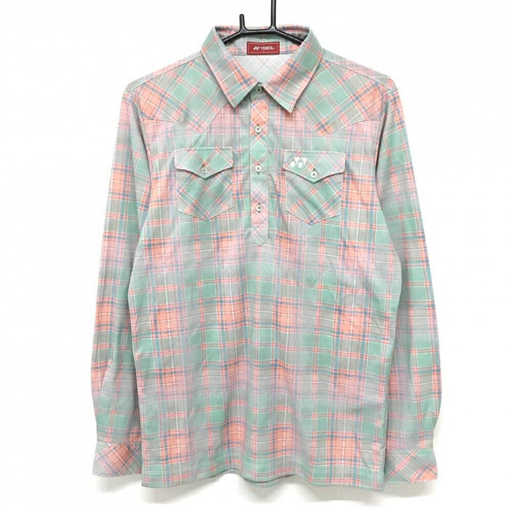 【超美品】ヨネックス 長袖ポロシャツ ミントグリーン系×サーモンピンク系 チェック 胸ポケット付 メンズ L ゴルフウェア YONEX