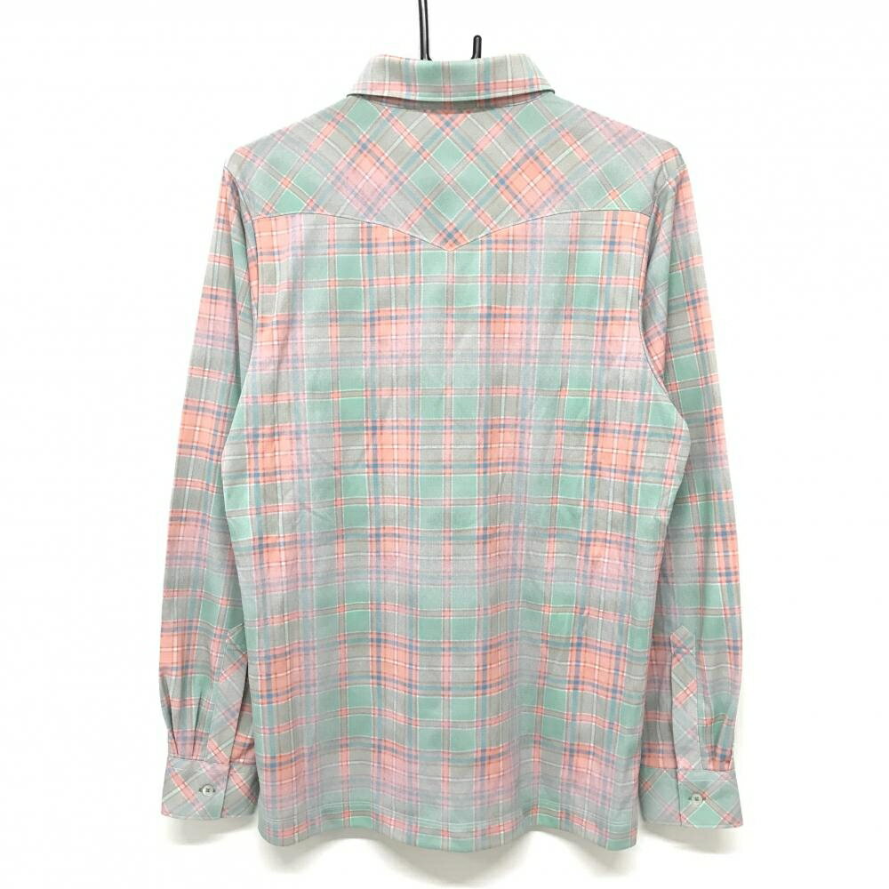 【超美品】ヨネックス 長袖ポロシャツ ミントグリーン系×サーモンピンク系 チェック 胸ポケット付 メンズ L ゴルフウェア YONEX
