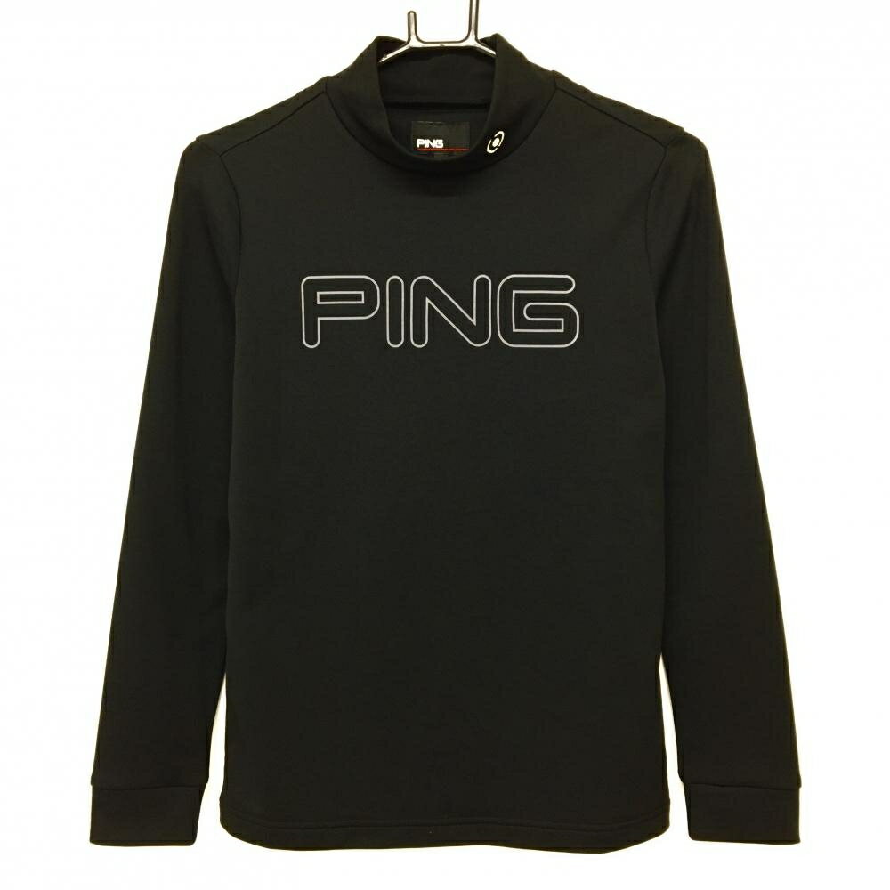 【超美品】ピン 長袖ハイネックシャツ 黒×グレー フロントロゴ 刺しゅう レディース S ゴルフウェア PING