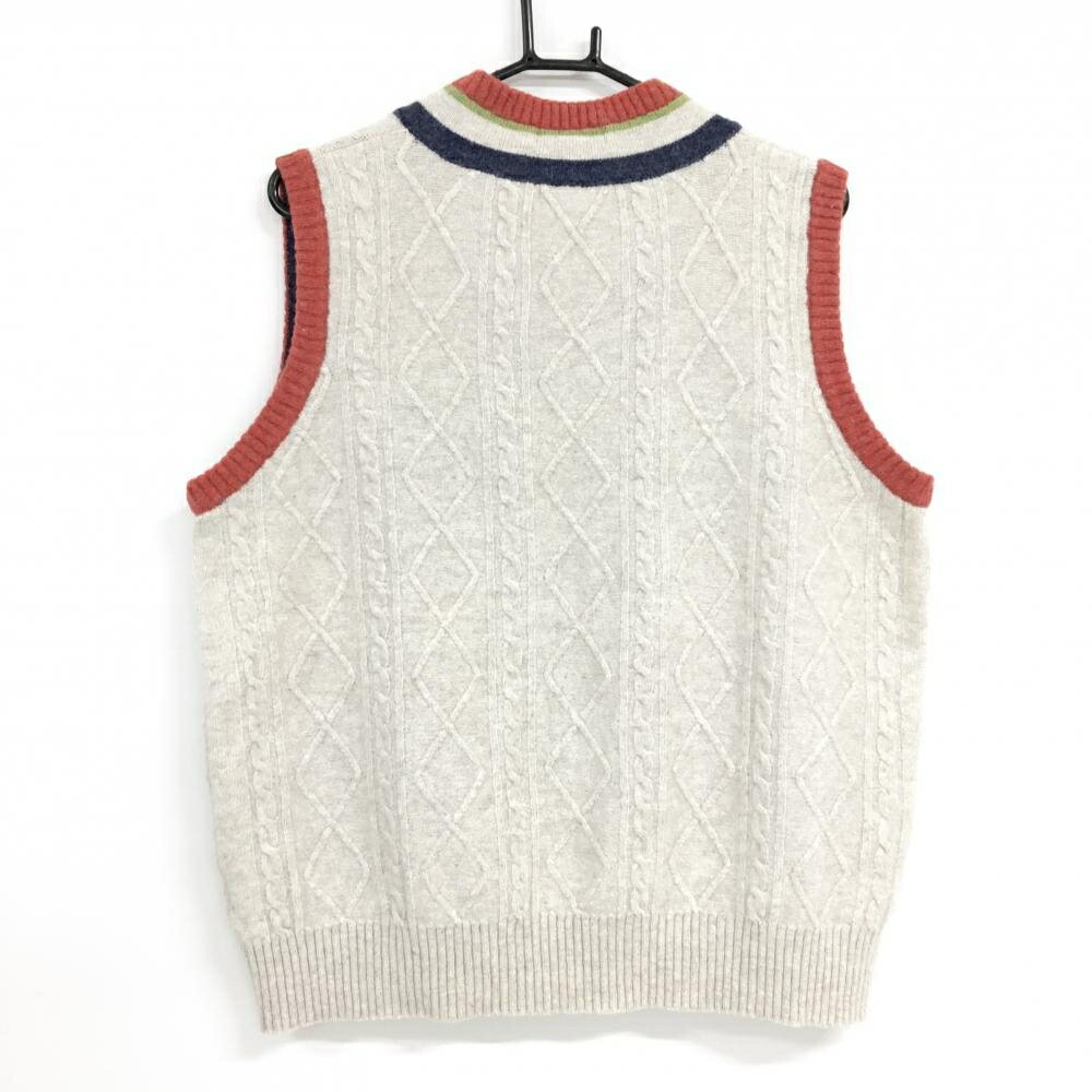 【超美品】MUスポーツ ニットベスト ベージュ×レッド系 Vネック ケーブル編み ロゴワッペン メンズ 52(XL) ゴルフウェア M・U SPORTS