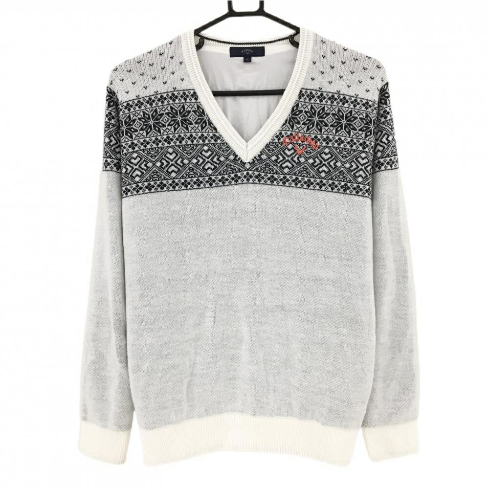 キャロウェイ セーター 白×黒 ノルディック柄 Vネック ロゴ刺しゅう裏地付 メンズ M ゴルフウェア Call..