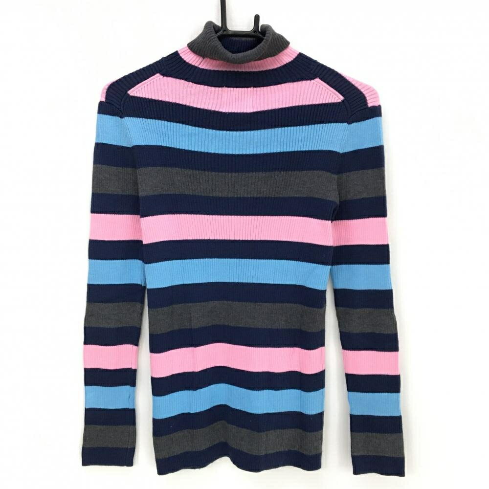 【美品】サマンサタバサNo.7 タートルネックセーター ピンク×ネイビー×グレー ボーダー レディース 40(L) ゴルフウェア Samantha Thavasa