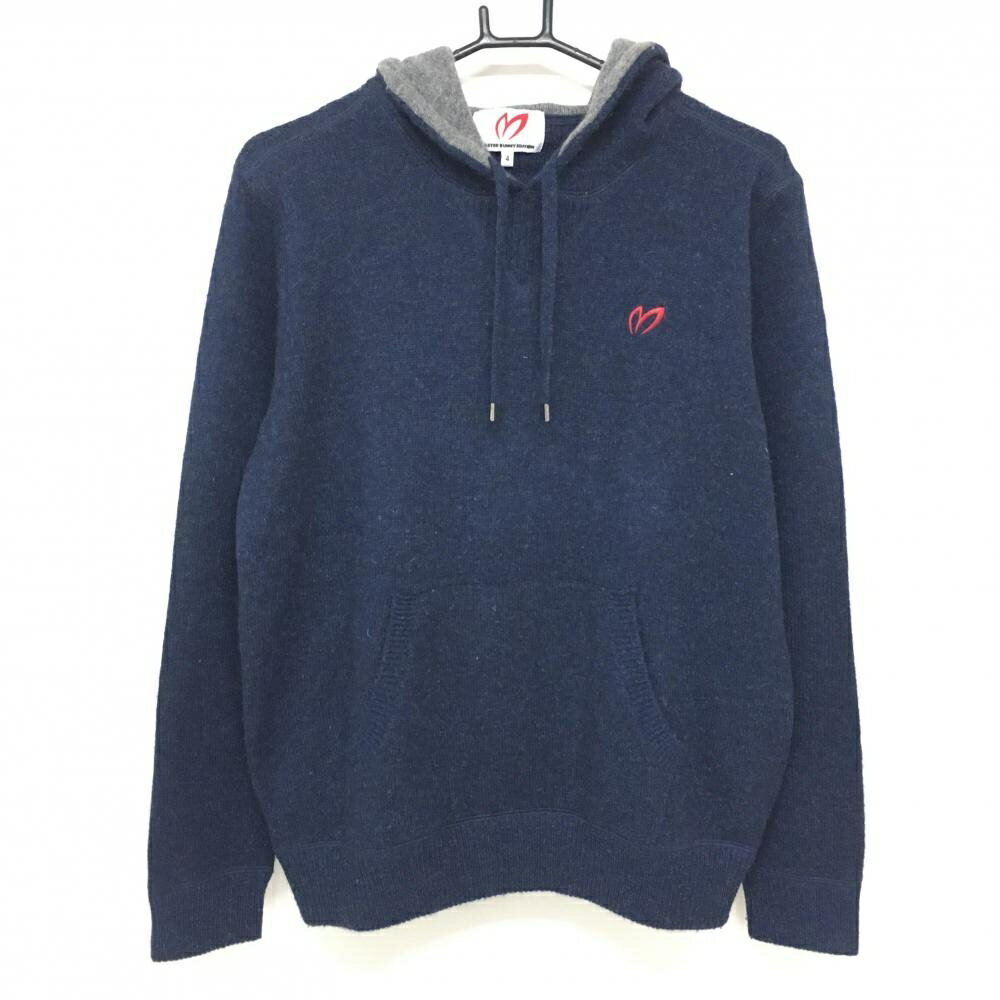 【美品】マスターバニー フード付セーター ネイビー×グレー ロゴレッド アンゴラ混 メンズ 4(M) ゴルフ..