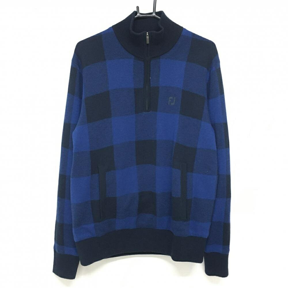 【美品】フットジョイ ハイネックセーター ネイビー×ブルー チェック 裏地付 ハーフジップ ニット メンズ L ゴルフウェア FootJoy