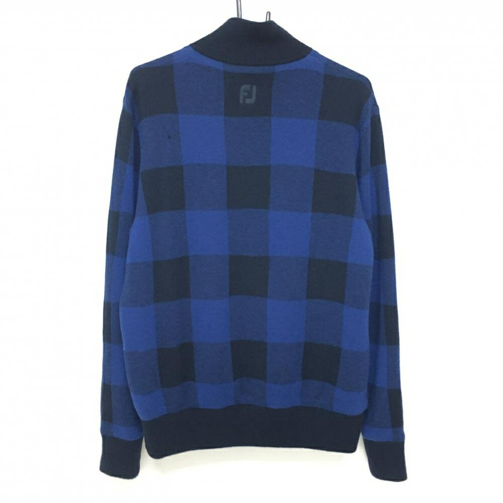 【美品】フットジョイ ハイネックセーター ネイビー×ブルー チェック 裏地付 ハーフジップ ニット メンズ L ゴルフウェア FootJoy