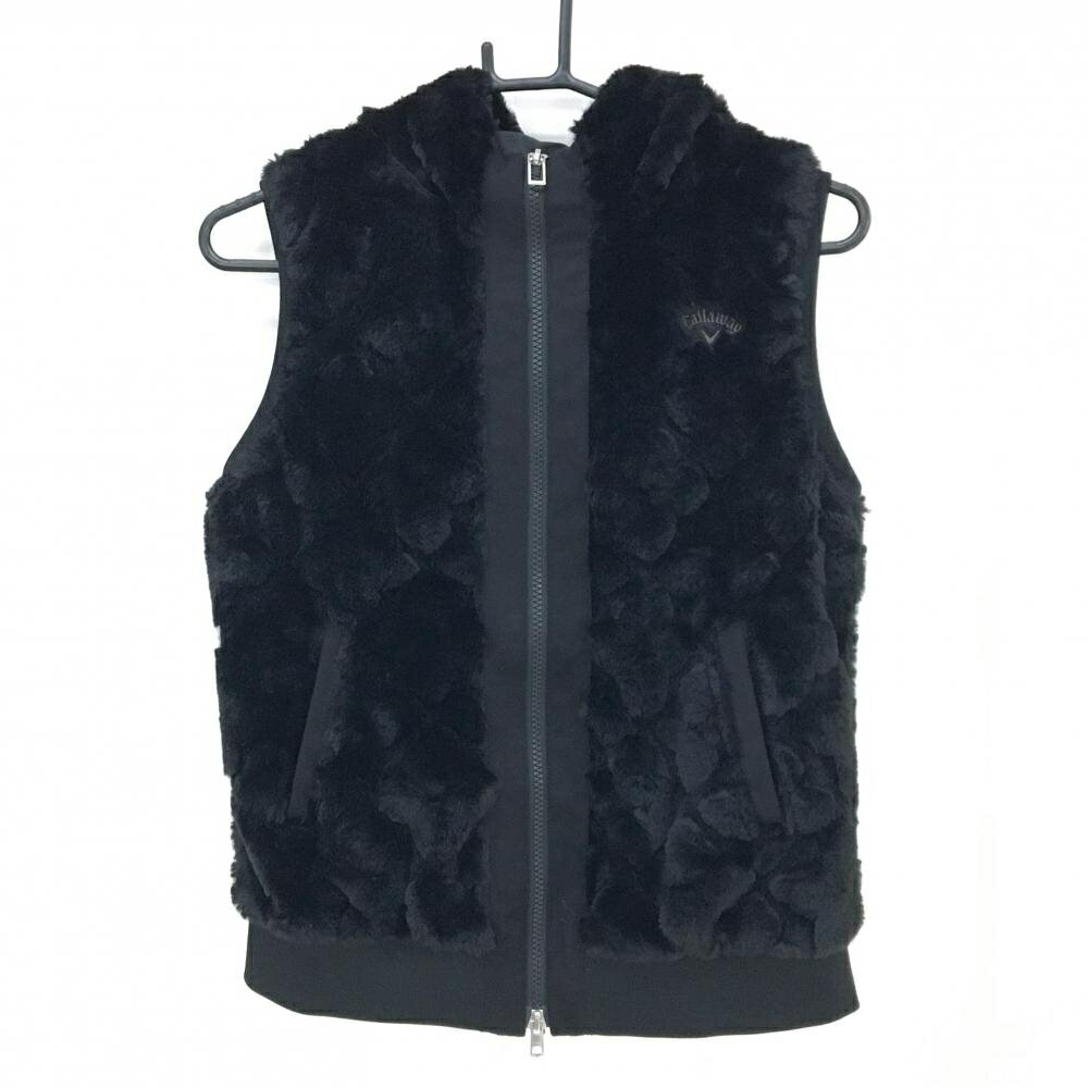 【美品】キャロウェイ フード付ファーベスト 黒 ロゴ刺しゅう レディース L ゴルフウェア Callaway