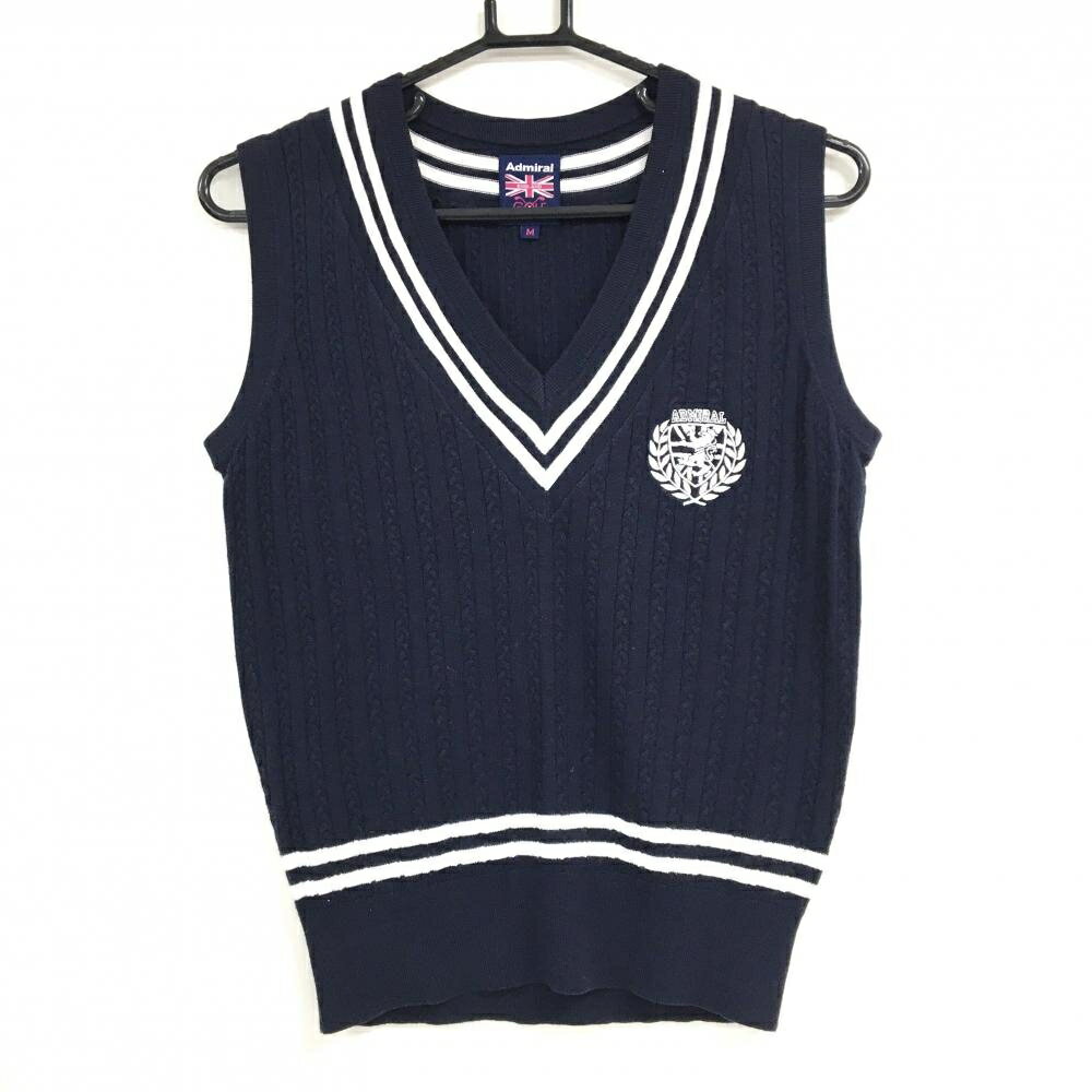 【美品】アドミラル ニットベスト ネイビー×白 ネック・裾2ライン ケーブル編み ロゴ刺しゅう レディース M ゴルフウェア Admiral