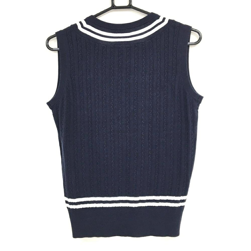 【美品】アドミラル ニットベスト ネイビー×白 ネック・裾2ライン ケーブル編み ロゴ刺しゅう レディース M ゴルフウェア Admiral