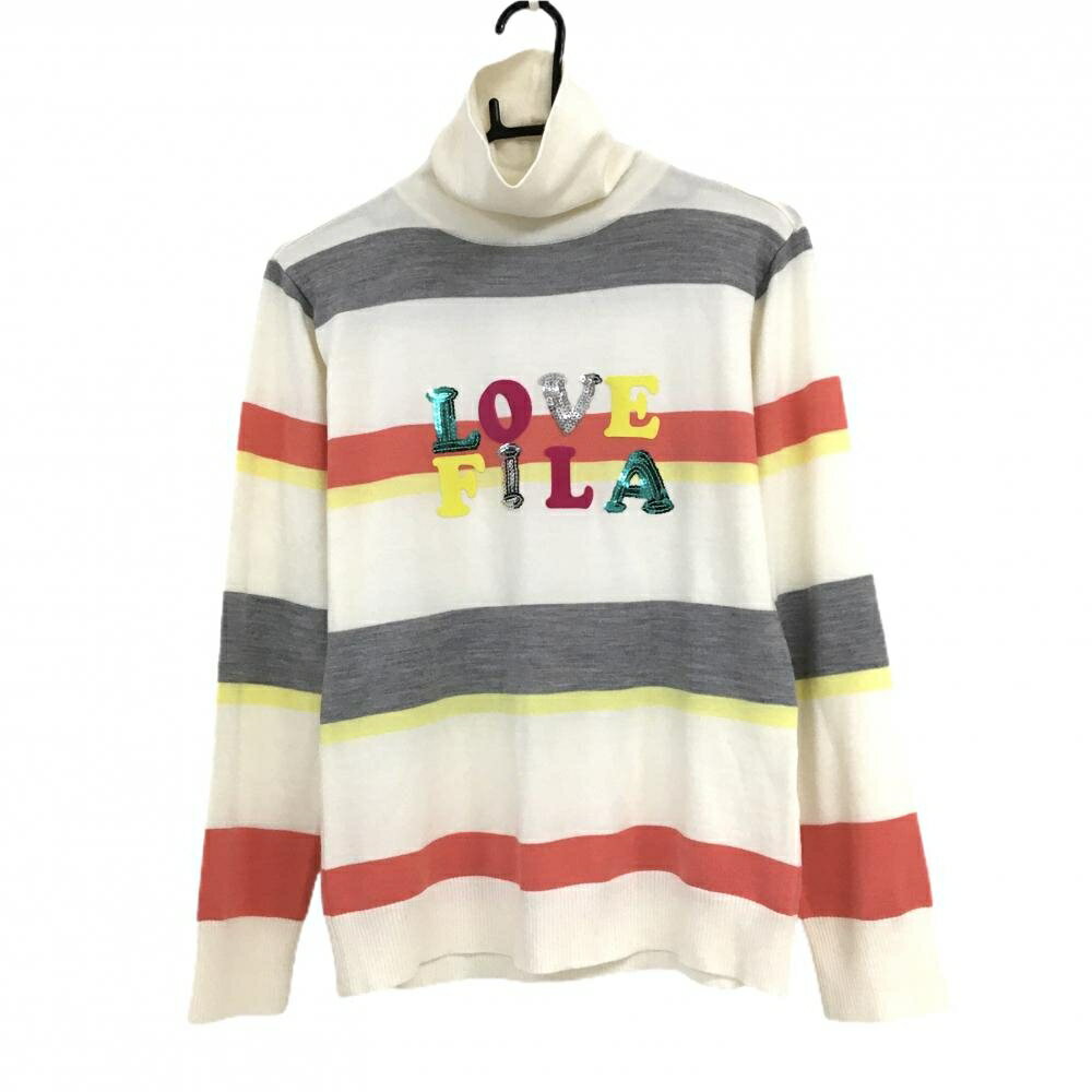 【超美品】フィラゴルフ タートルネックセーター 白×オレンジ ボーダー スパンコール ウール混 レディ..