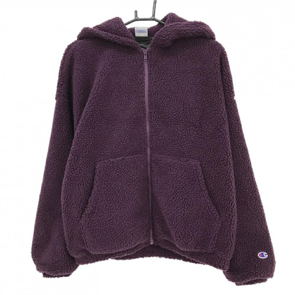 【超美品】チャンピオン ボアパーカー パープル 袖ロゴワッペン メンズ SMALL ゴルフウェア Champion