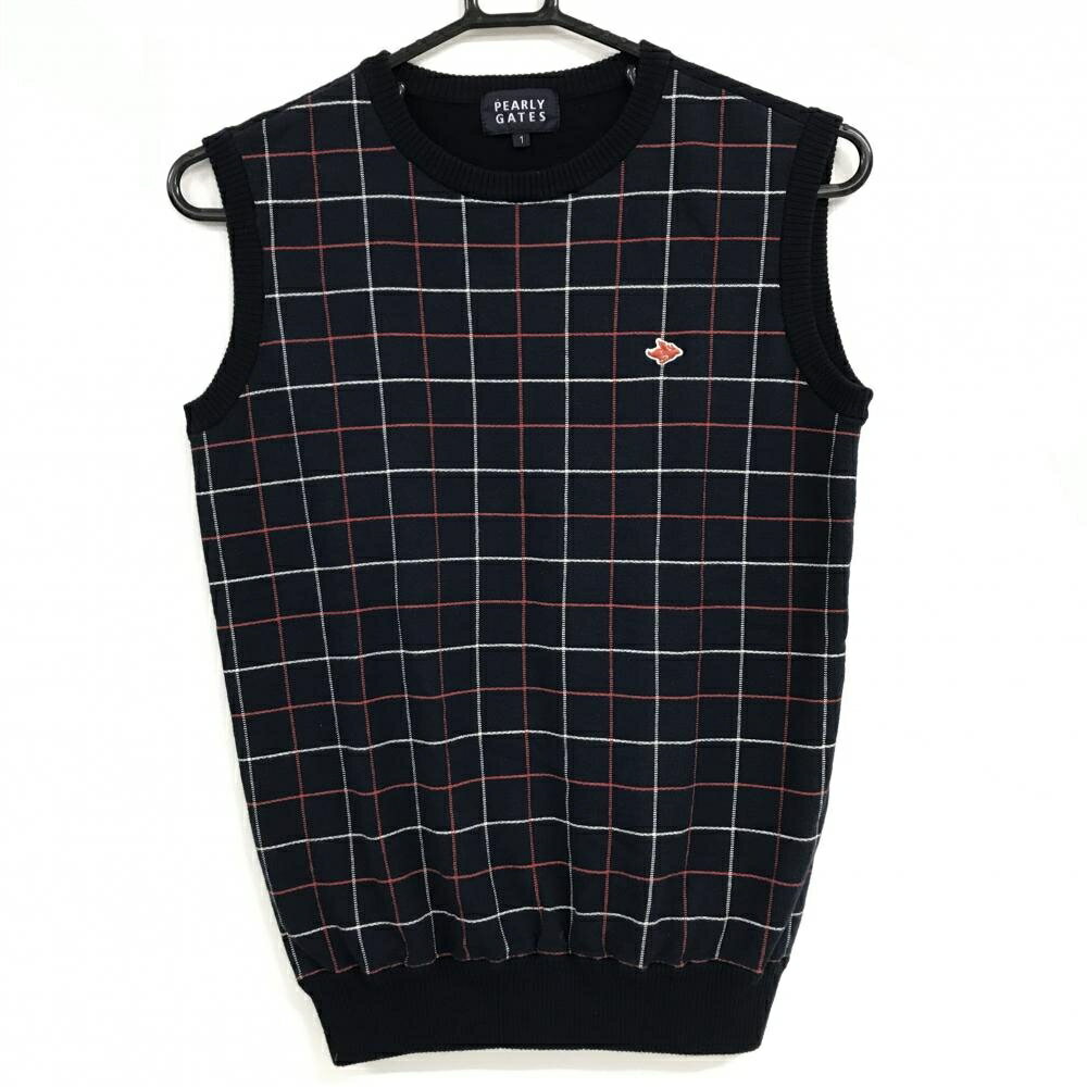 【美品】パーリーゲイツ ニットベスト ネイビー×レッド×白 格子柄 レディース 1(M) ゴルフウェア PEARLY GATES