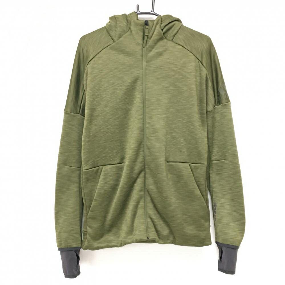 【美品】アディダス ジップパーカー 杢カーキ 裏ボア 袖ロゴ ジャケット メンズ O(XL) ゴルフウェア adidas