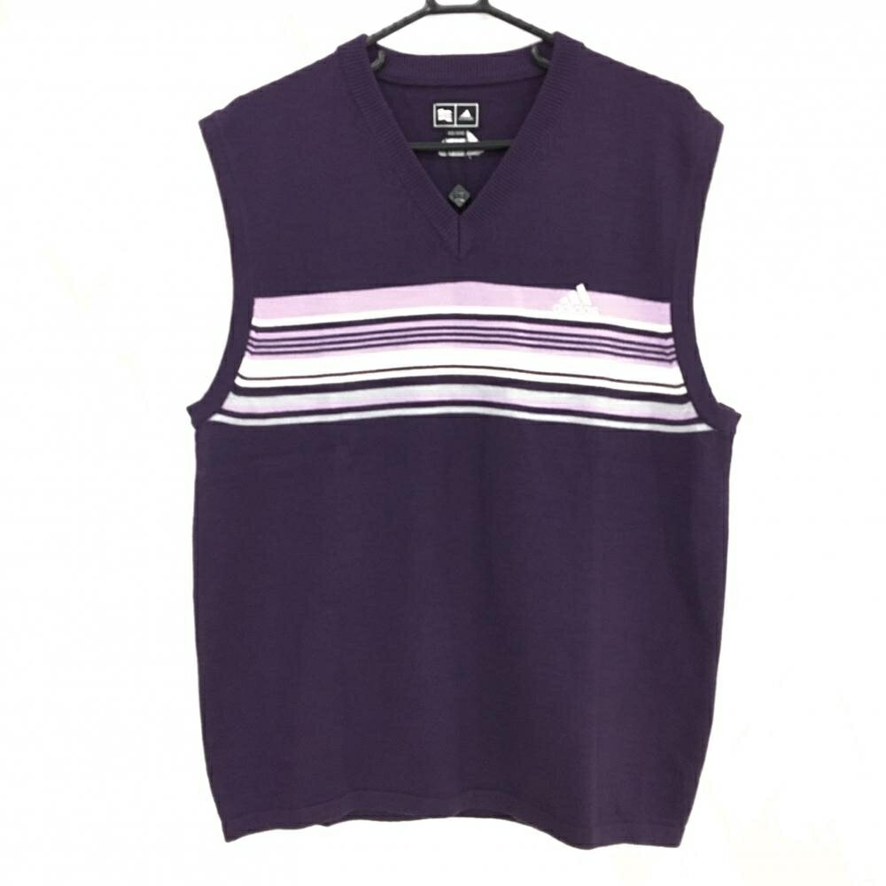 【新品】アディダス ニットベスト パープル×白 胸ボーダー風 Vネック メンズ XO/XXG ゴルフウェア 大き..