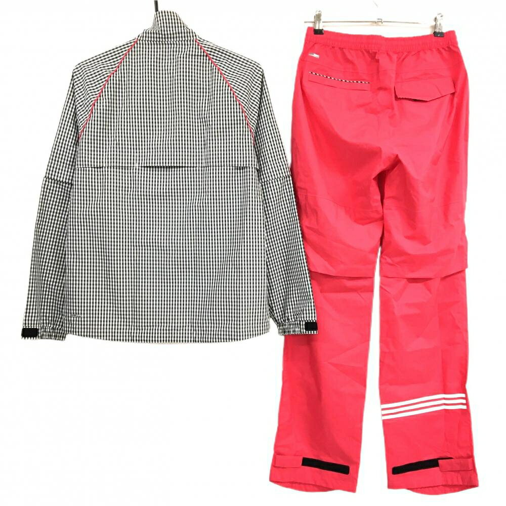 【超美品】アディダス レインウェア(2WAYジャケット×パンツ) 白×黒 ギンガムチェック パンツピンク レディース L/G ゴルフウェア adidas