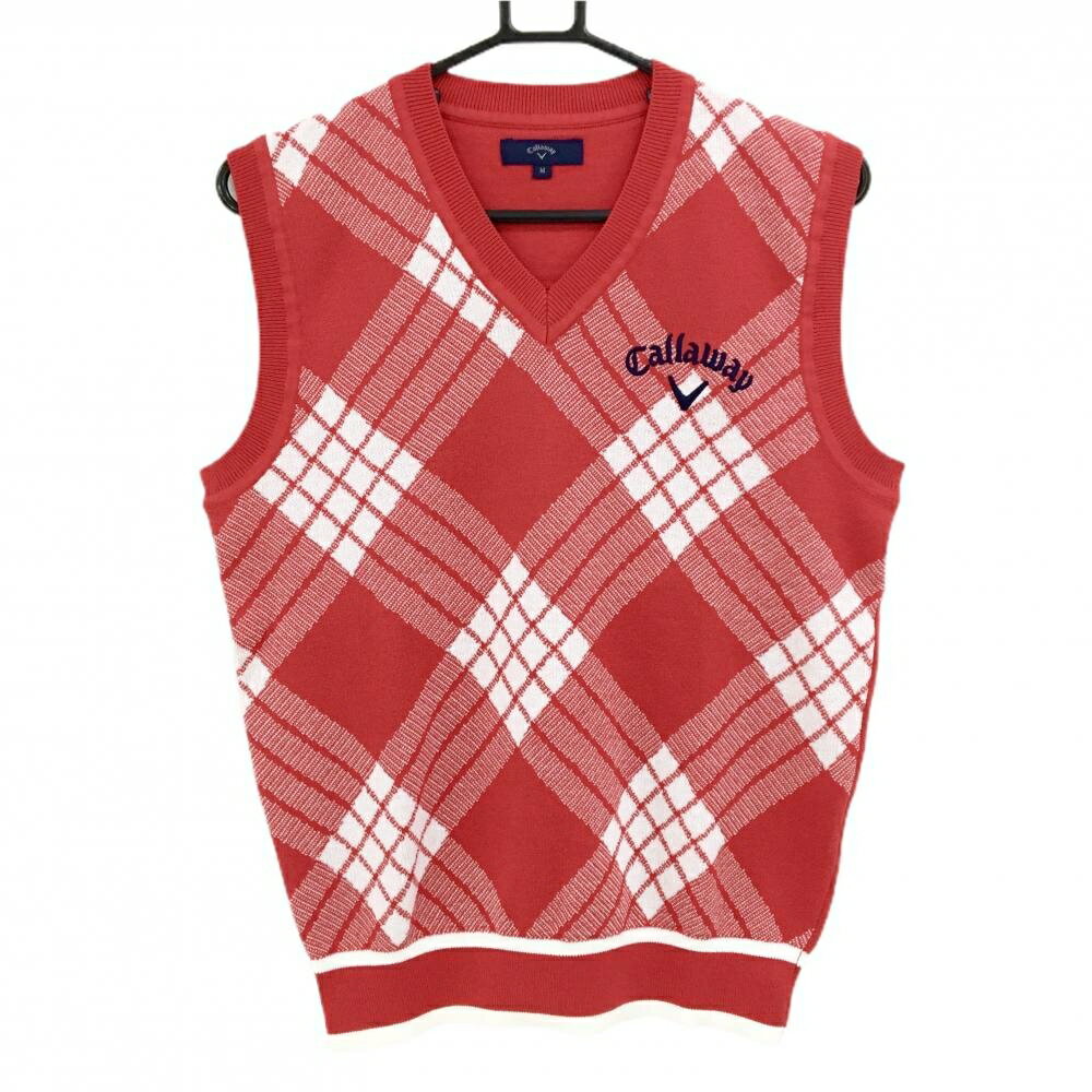 【超美品】キャロウェイ ニットベスト レッド×白 前チェック ロゴ刺しゅう Vネック メンズ M ゴルフウェア Callaway