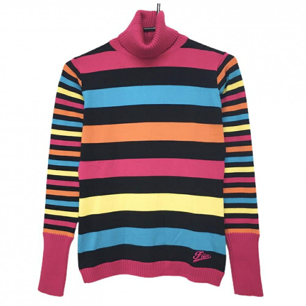 【超美品】フィラゴルフ タートルネックセーター ピンク×マルチカラー ボーダー ウール混 ニット レデ..