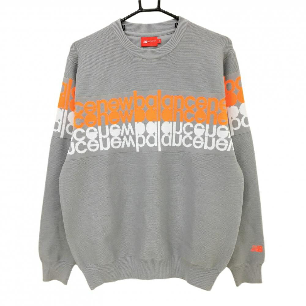 【超美品】ニューバランスゴルフ セーター グレー×蛍光オレンジ×白 ロゴ ニット メンズ 5(L) ゴルフウ..