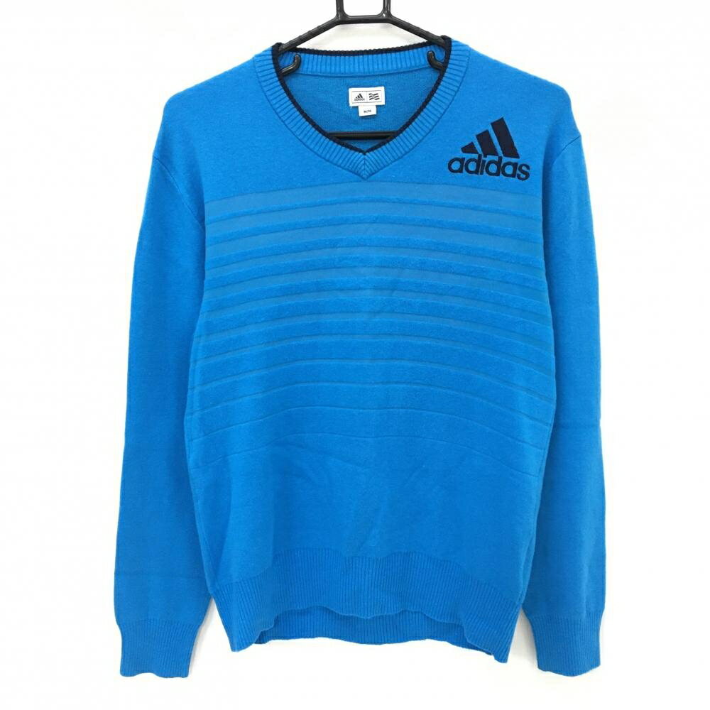【美品】アディダス セーター ブルー 前面ボーダー編み ストレッチ ウール混 メンズ M/M ゴルフウェア adidas