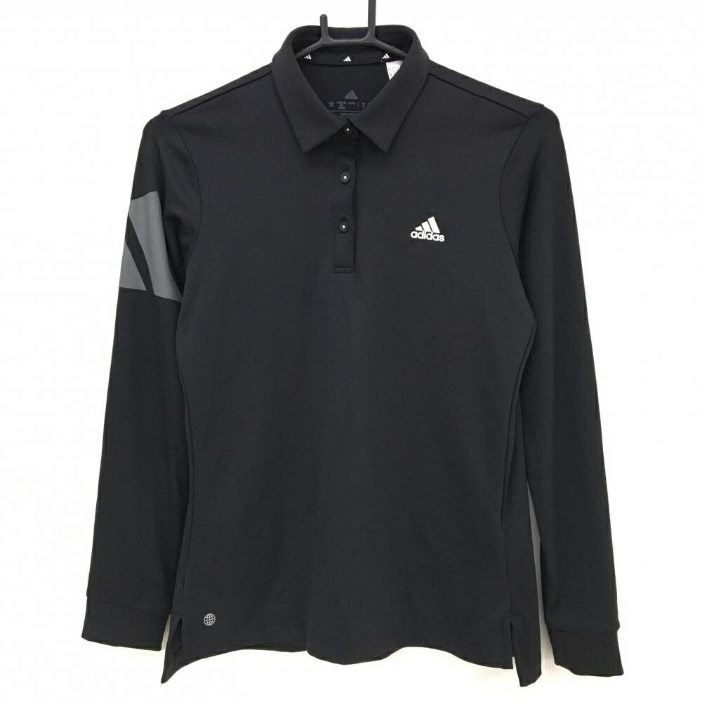 【超美品】アディダス 長袖ポロシャツ 黒×グレー ボタンダウン 袖ロゴプリント レディース L ゴルフウェア adidas