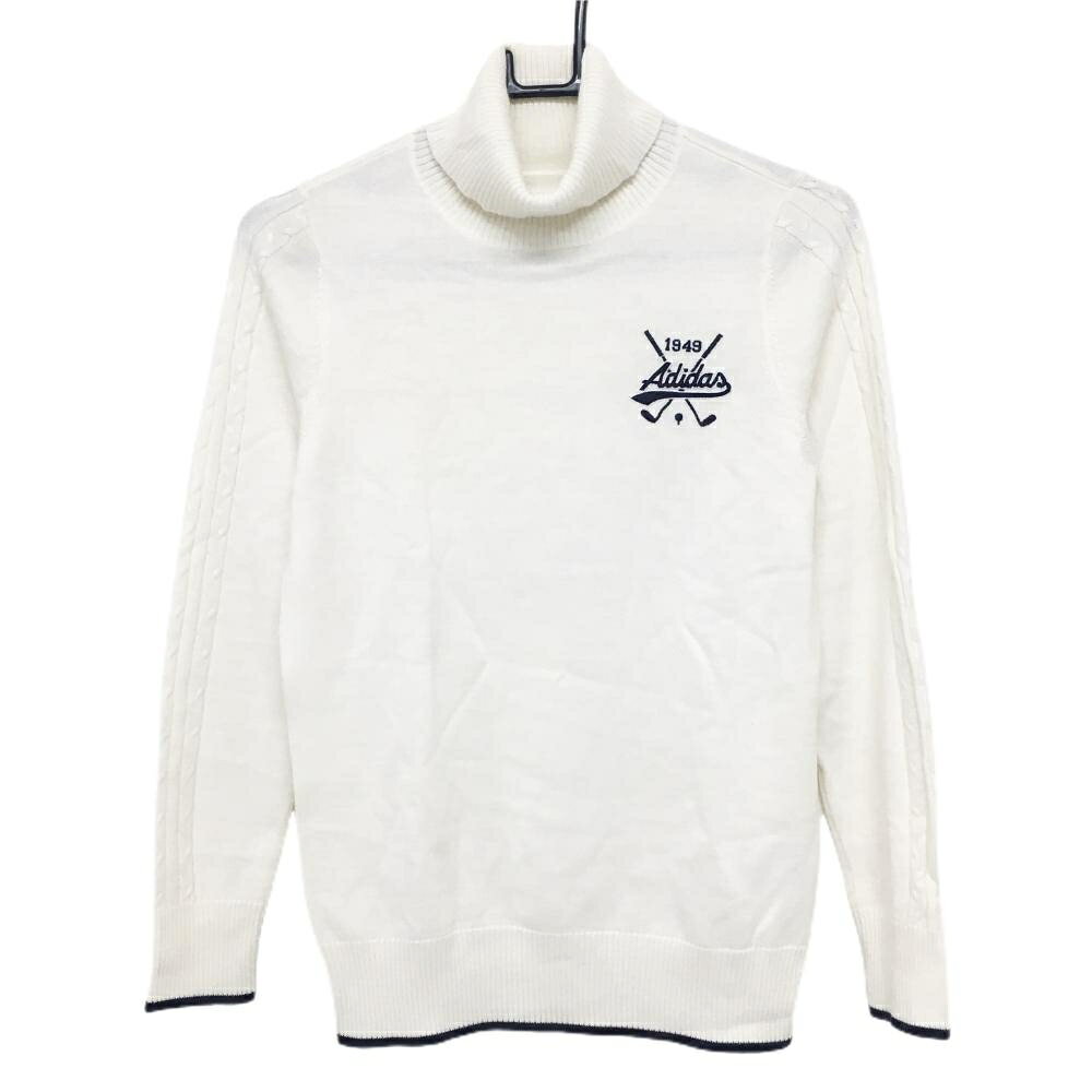 ADIDAS - 【超美品】アディダス タートルネックセーター 白×ネイビー 袖ケーブル編み ロゴ刺しゅう ウール混 レディース M/M ゴルフウェア adidas