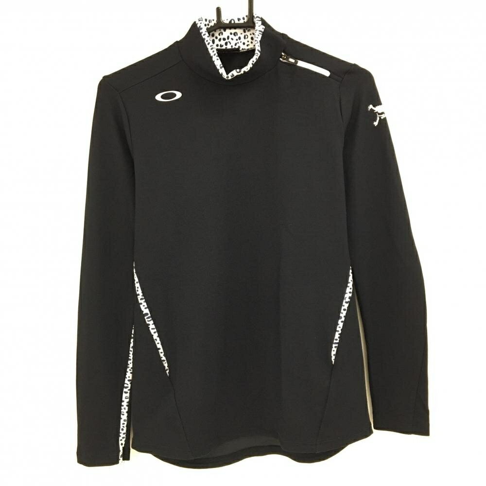 【美品】オークリー 長袖ハイネックシャツ 黒×白 一部レオパード調 肩ジップ スカルプリント レディー..