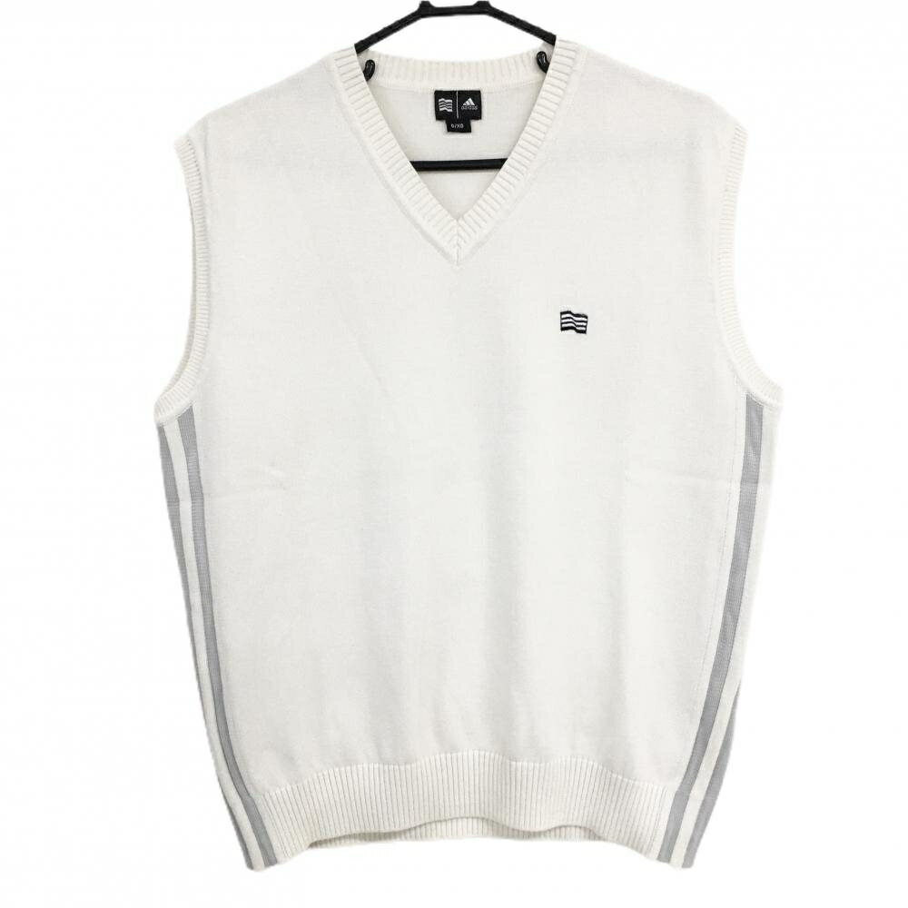 【美品】アディダス ベスト 白×グレー Vネック サイド3ライン 刺しゅう メンズ O/XG ゴルフウェア adidas