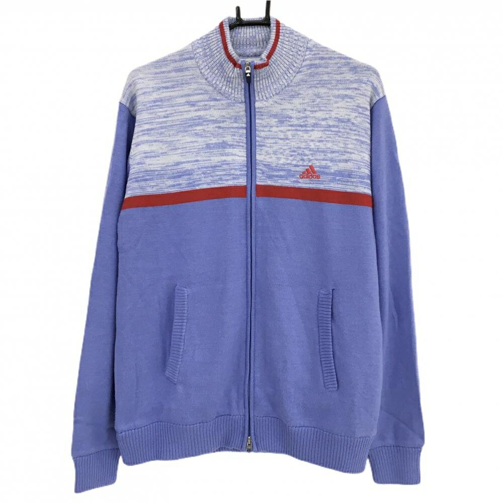 【美品】アディダス ニットジャケット パープル×レッド 身頃上部柄 ロゴ刺しゅう ダブルジップ メンズ O/XG(XL) ゴルフウェア adidas
