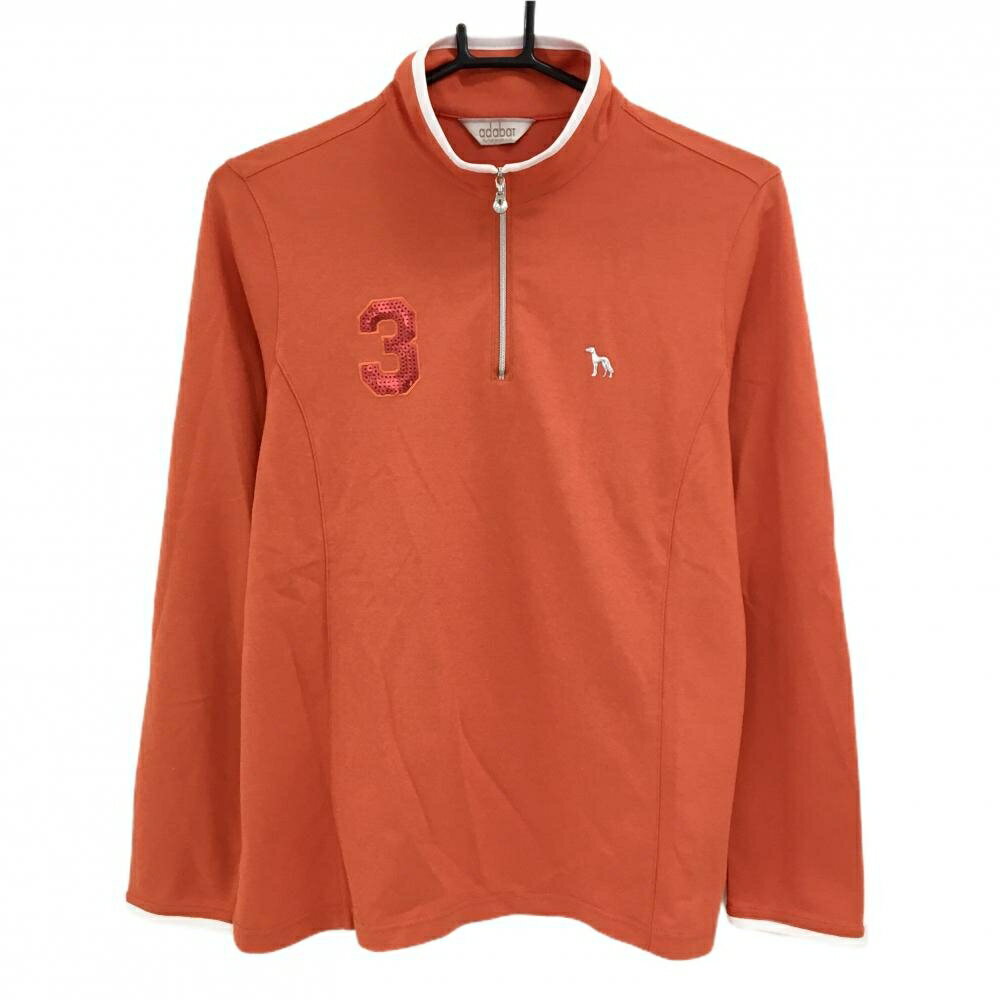 Adabat - 【美品】アダバット 長袖ハイネックシャツ オレンジ×白 ハーフジップ 胸スパンコール コットン混 レディース 40(L) ゴルフウェア adabat