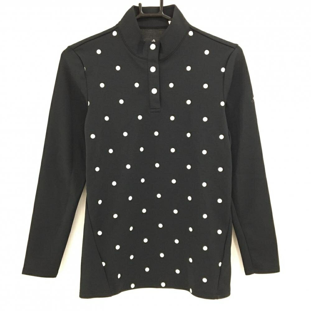 【美品】アディダス 長袖ハイネックシャツ 黒×白 前身頃ドット柄 スナップボタン 裏微起毛 レディース L ゴルフウェア adidas