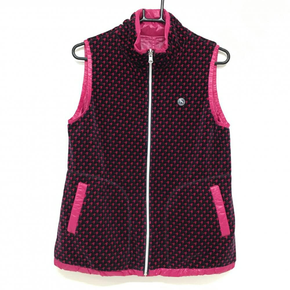 【超美品】アダバット リバーシブルベスト 黒×ピンク 千鳥格子 起毛 裏無地 レディース ゴルフウェア a..