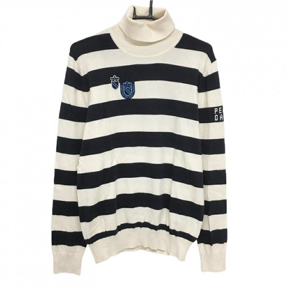 パーリーゲイツ タートルネックセーター アイボリー×ネイビー ボーダー ロゴワッペン ニット メンズ 5(..