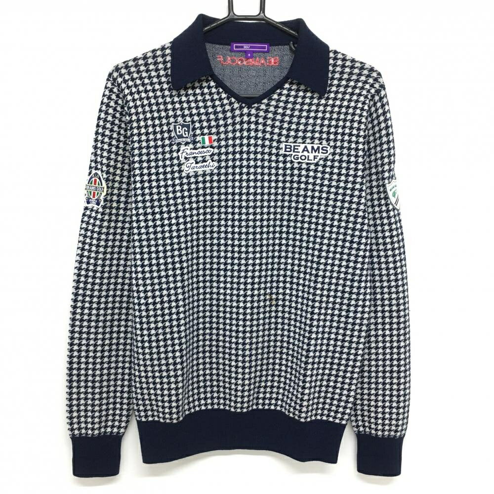 ビームスゴルフ 襟付セーター ネイビー×白 千鳥格子 ニット ウール100％ メンズ S ゴルフウェア BEAMS GOLF