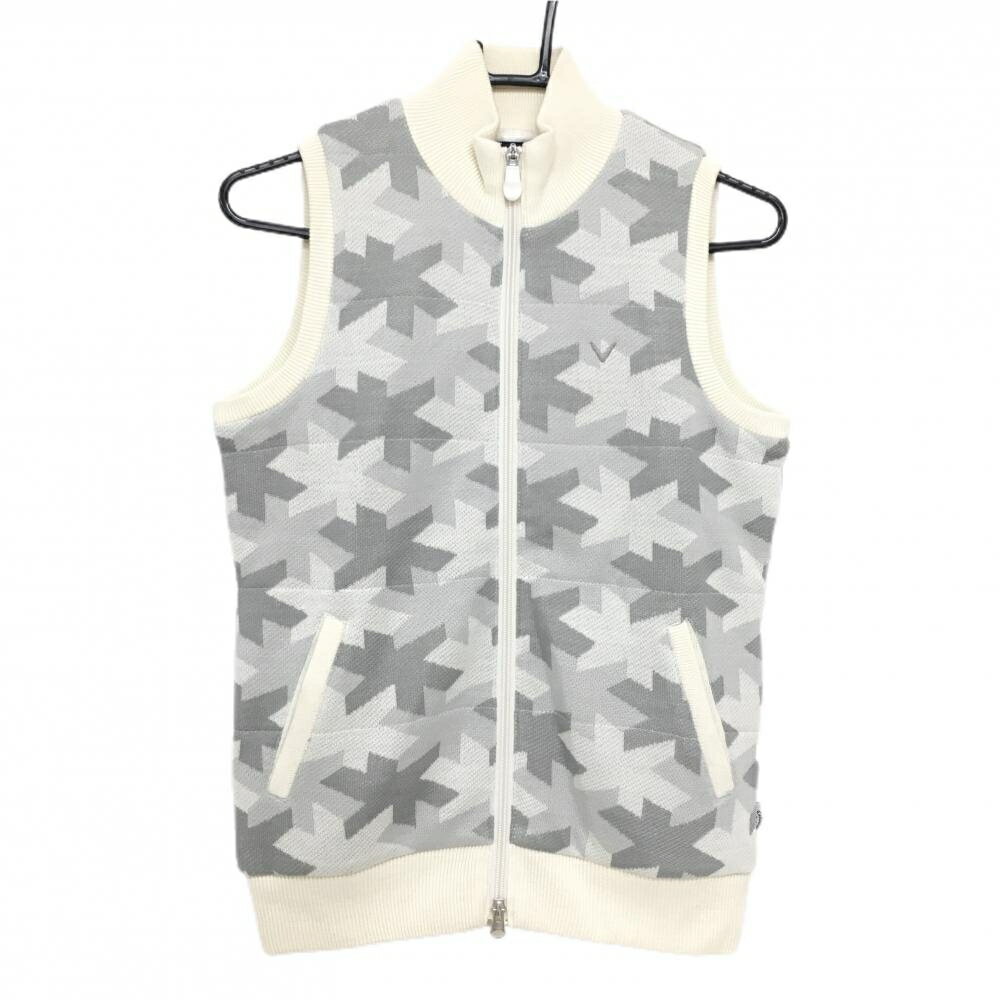 【超美品】キャロウェイ ジップニットベスト 白×ライトグレー 総柄 裏地付 レディース M ゴルフウェア ..