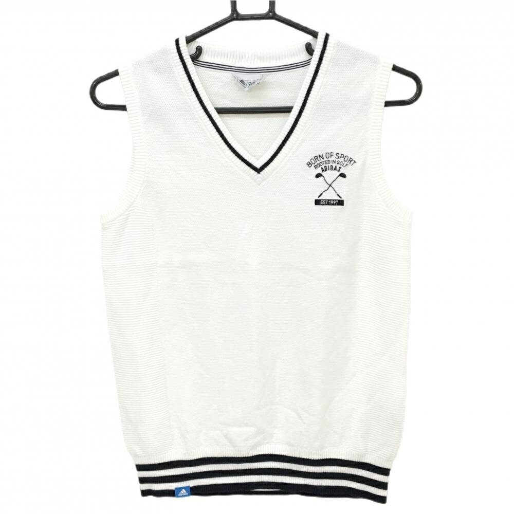 アディダス ニットベスト 白×ダークネイビー 胸元刺しゅう Vネック コットン100％ レディース L/G ゴル..