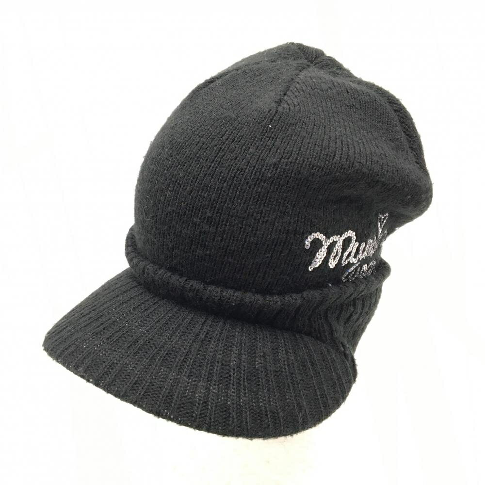 マンシングウェア つば付きニット帽 黒 スパンコールロゴ アクリル100％ レディース FREE ゴルフウェア Munsingwear