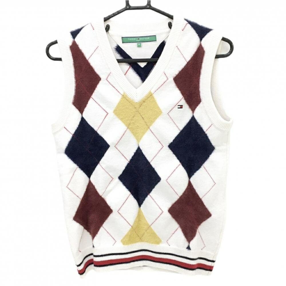 【美品】トミーヒルフィガー ニットベスト 白×ボルドー×ネイビー アーガイル 一部起毛 レディース M ゴルフウェア Tommy Hilfiger Golf