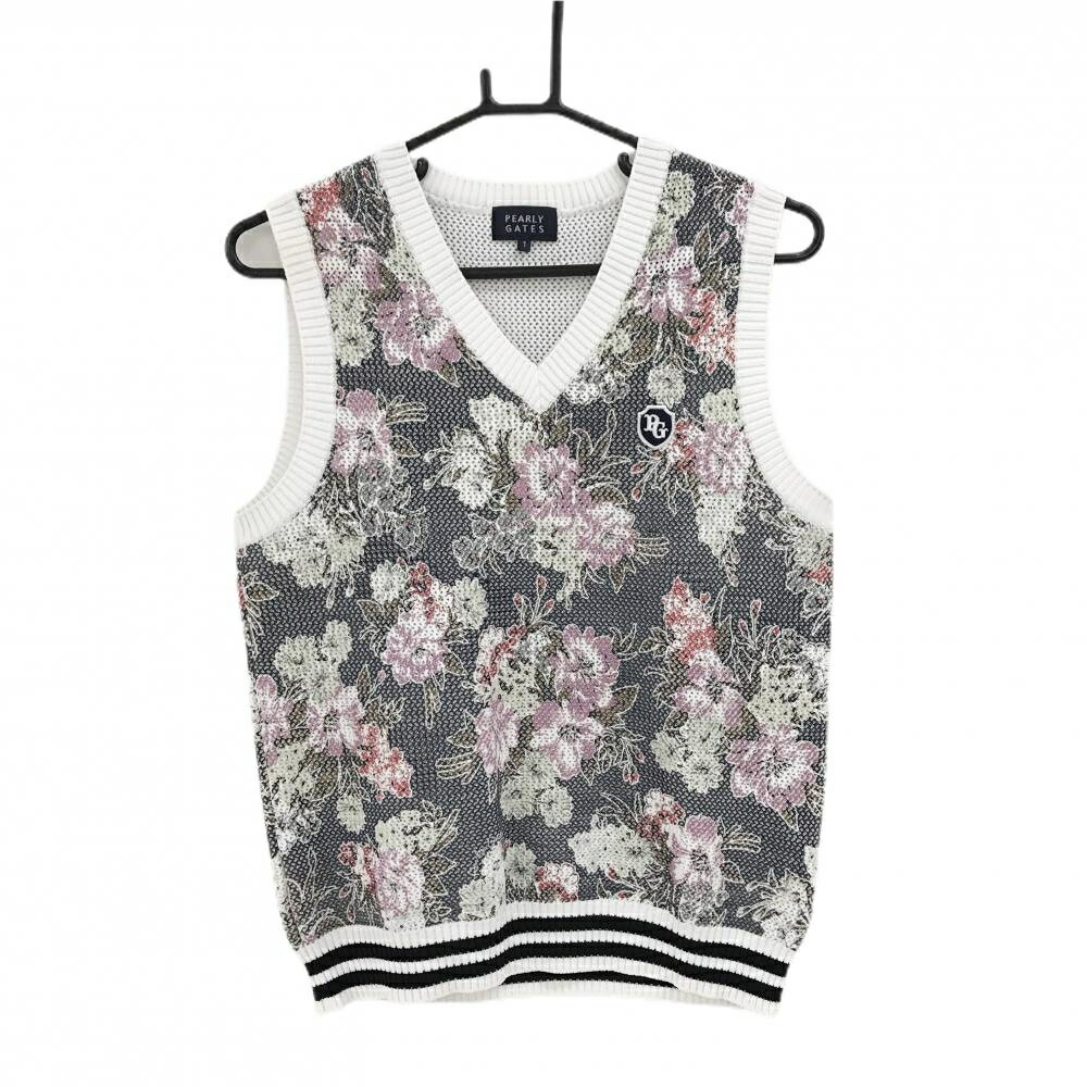 【美品】パーリーゲイツ ニットベスト ネイビー×ピンク×白 Vネック 花柄 レディース 1(M) ゴルフウェア..