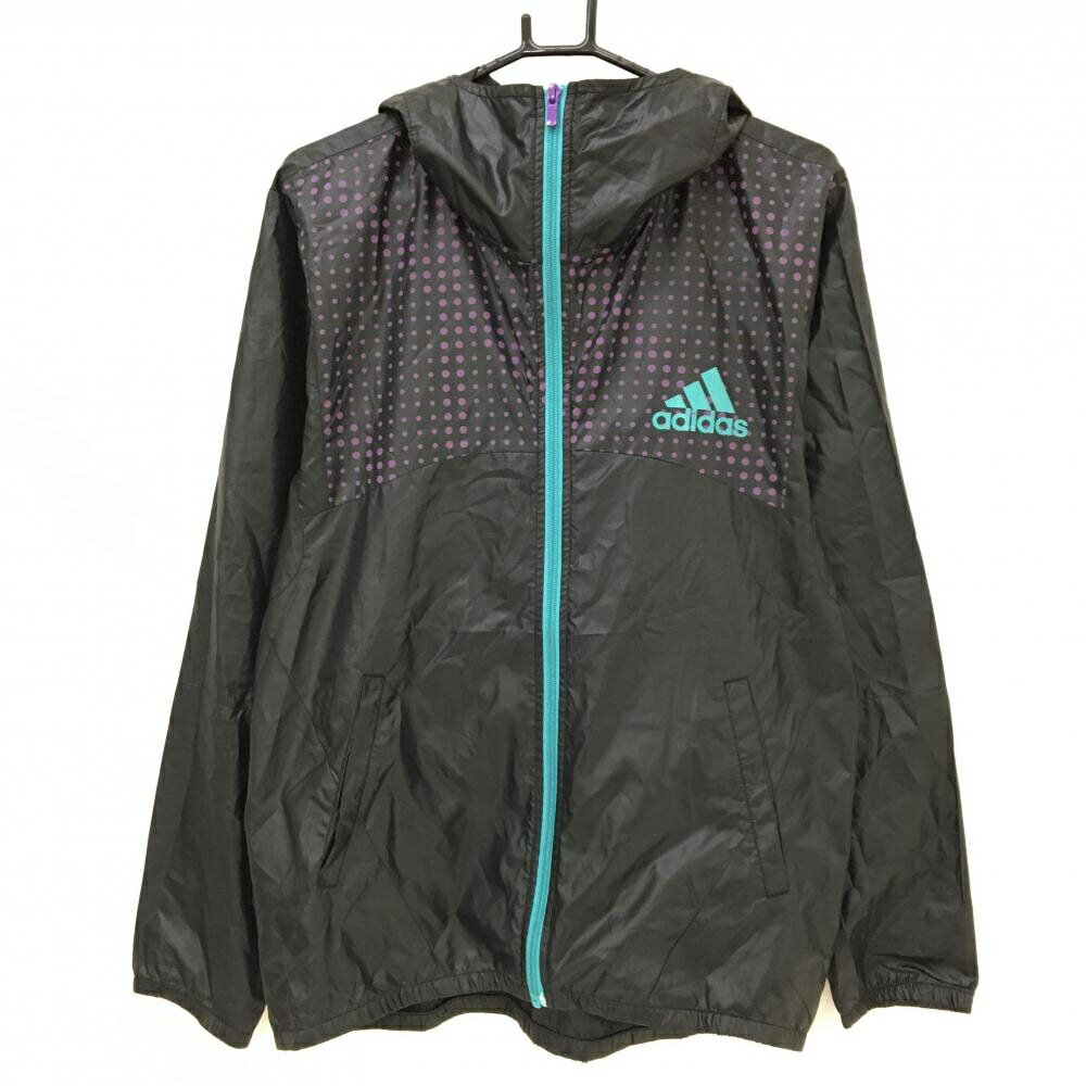【美品】アディダス ジップパーカー 黒×パープル 一部ドット柄 ロゴプリント ポリエステル100％ メンズ L ゴルフウェア adidas