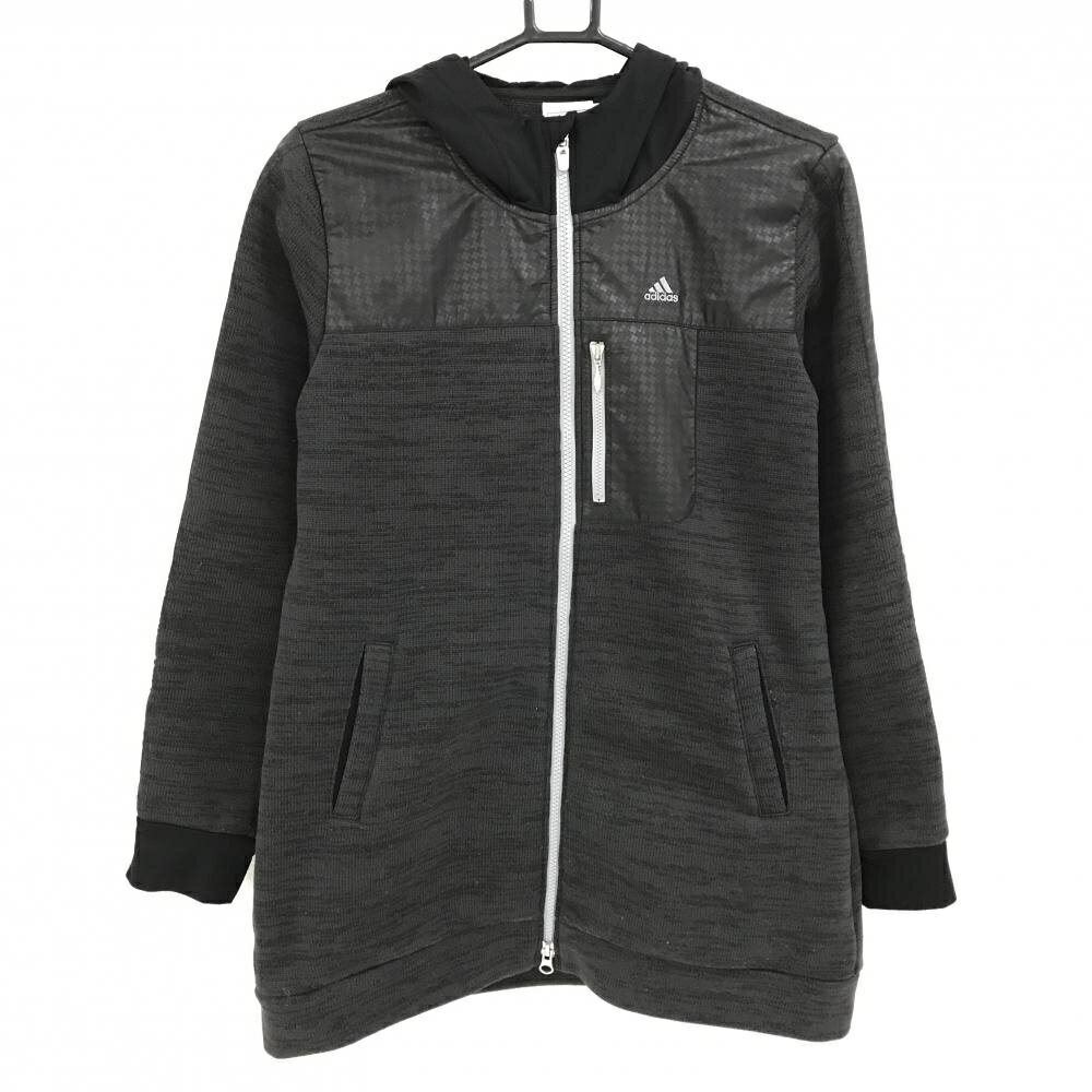 【美品】アディダス ニットジップパーカー ダークグレー×黒 一部柄 裏起毛 切替素材 メンズ L/G ゴルフウェア adidas