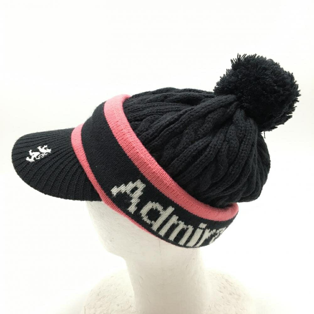【新品】アドミラル つば付ニット帽 ダークネイビー×ピンク ボンボン付 ケーブル編み フリー ゴルフウェア Admiral