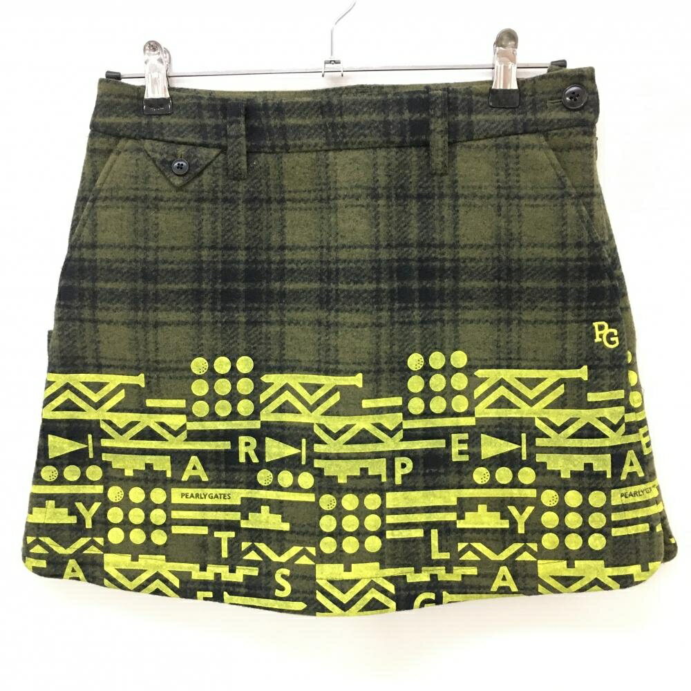 【新品】パーリーゲイツ スカート カーキ×イエロー チェック 表起毛 下部プリント レディース 1(M) ゴ..