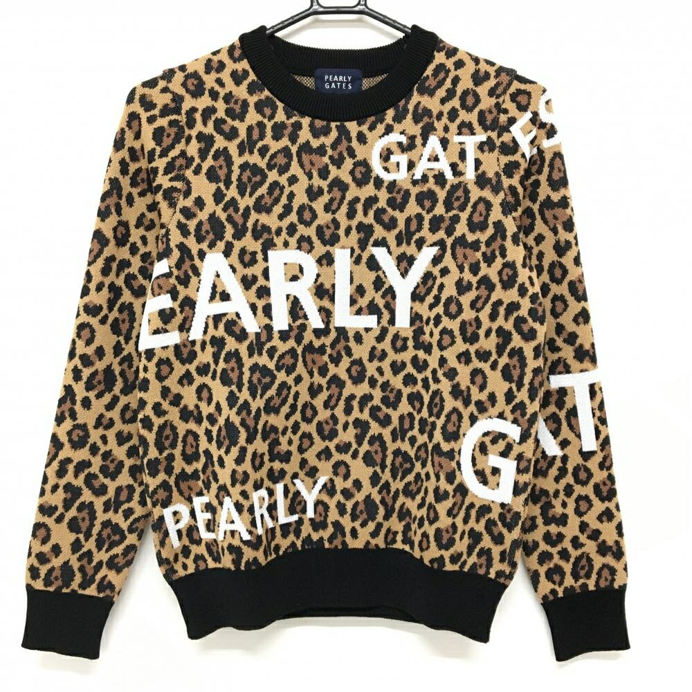 【新品】パーリーゲイツ セーター ライトブラウン×黒 レオパード柄 ロゴ白 ウール混 ニット レディース..