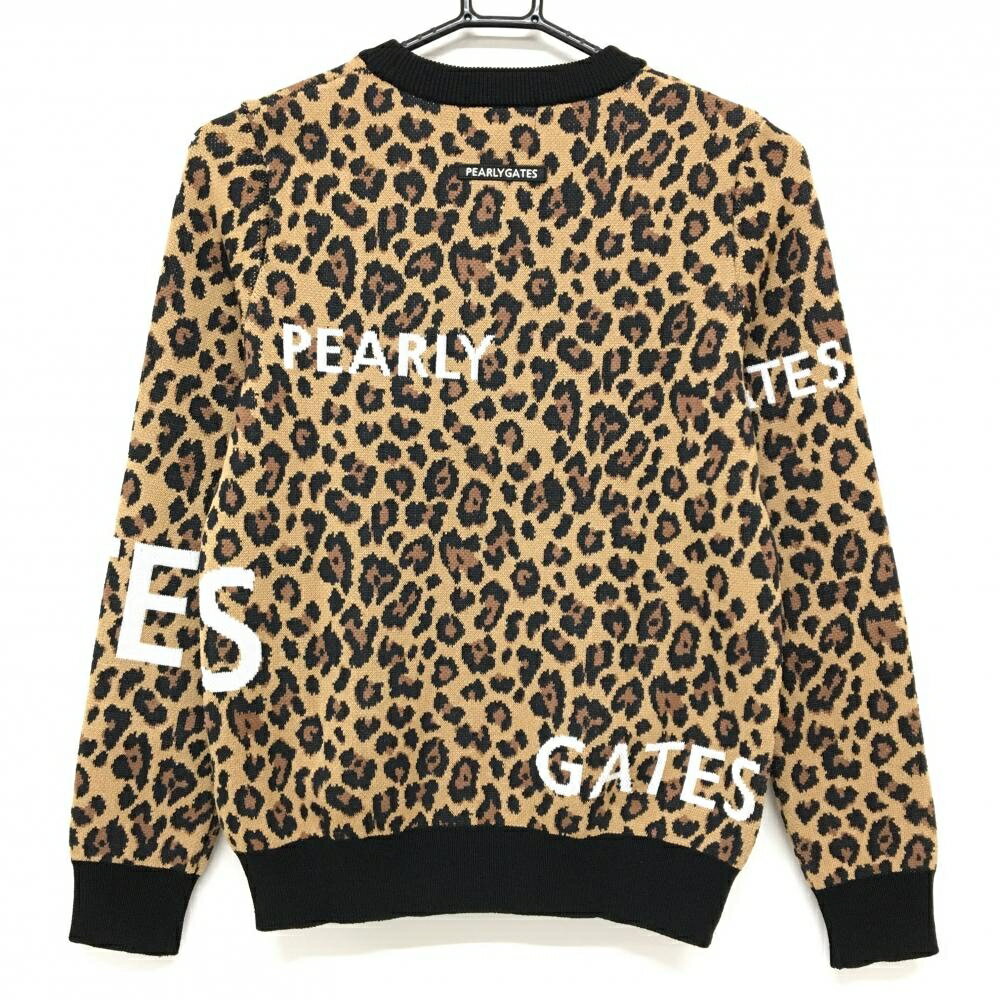 【新品】パーリーゲイツ セーター ライトブラウン×黒 レオパード柄 ロゴ白 ウール混 ニット レディース 0(S) ゴルフウェア PEARLY GATES