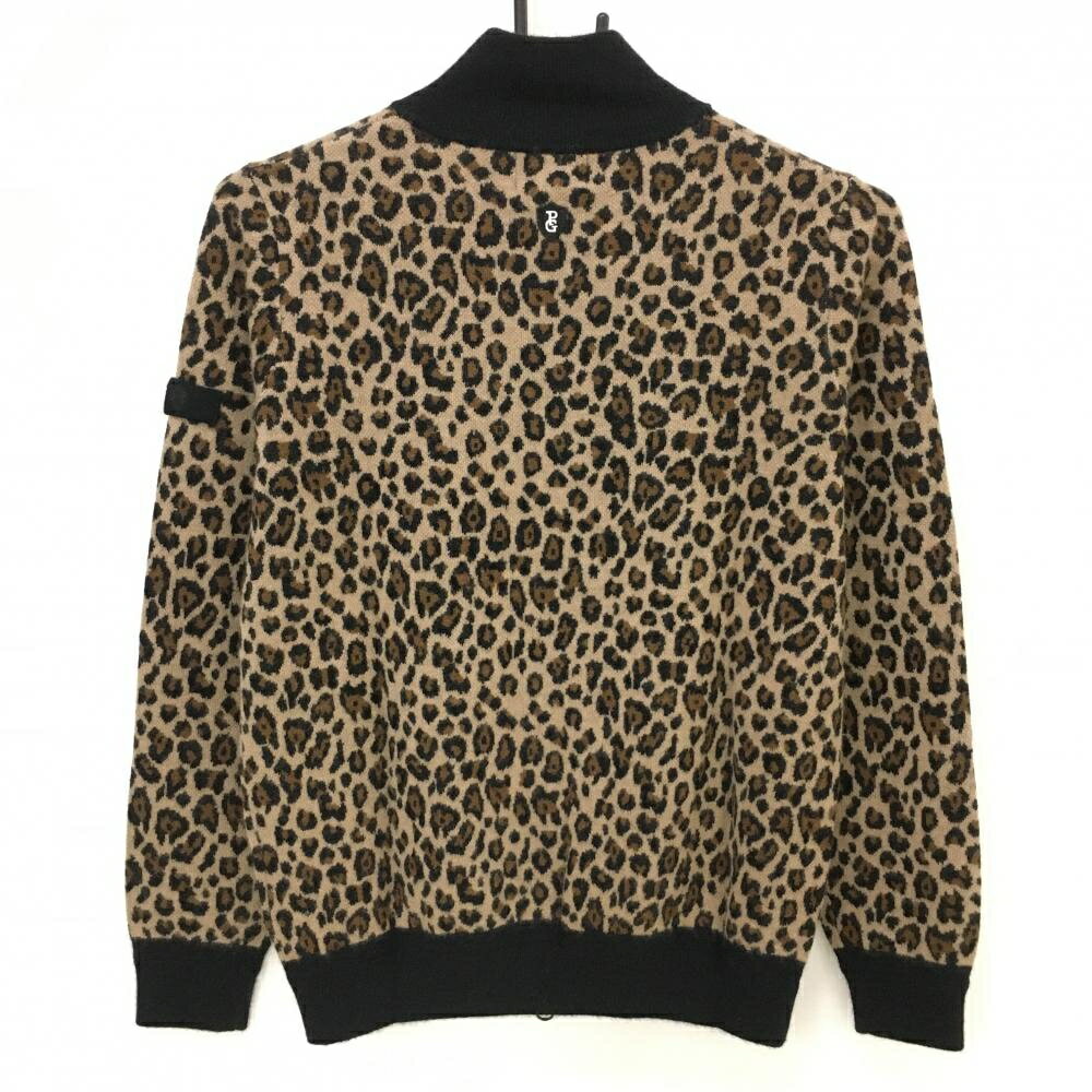 【新品】パーリーゲイツ ニットジャケット リベージュ系×黒 レオパード柄 ロゴ白 カシミヤ混 レディース 1(M) ゴルフウェア PEARLY GATES