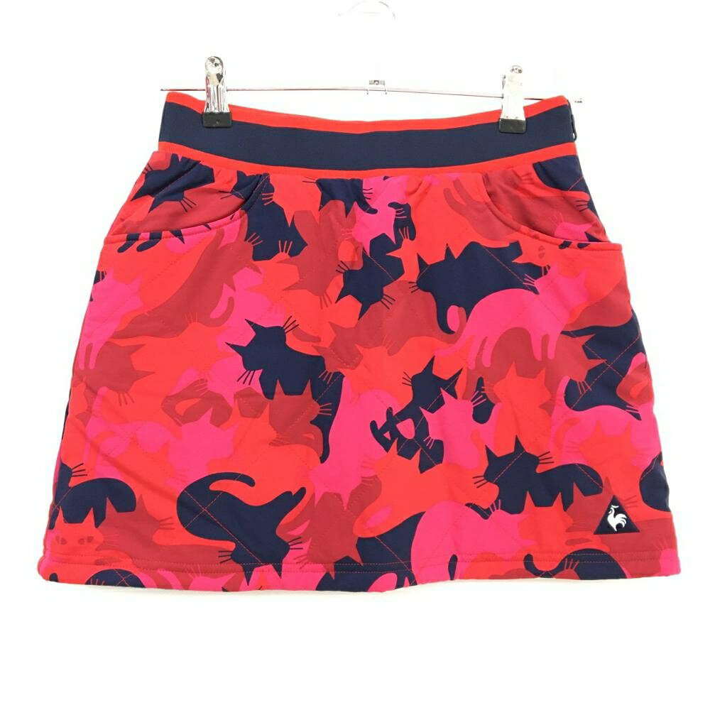 【超美品】ルコックゴルフ 中綿リバーシブルスカート ピンク×レッド 猫柄 裏ネイビー レディース 9 ゴ..