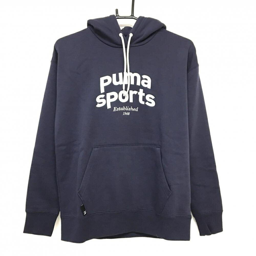 【超美品】プーマ パーカー ネイビー フロントロゴ刺しゅう 裏起毛 メンズ US-XS ゴルフウェア PUMA